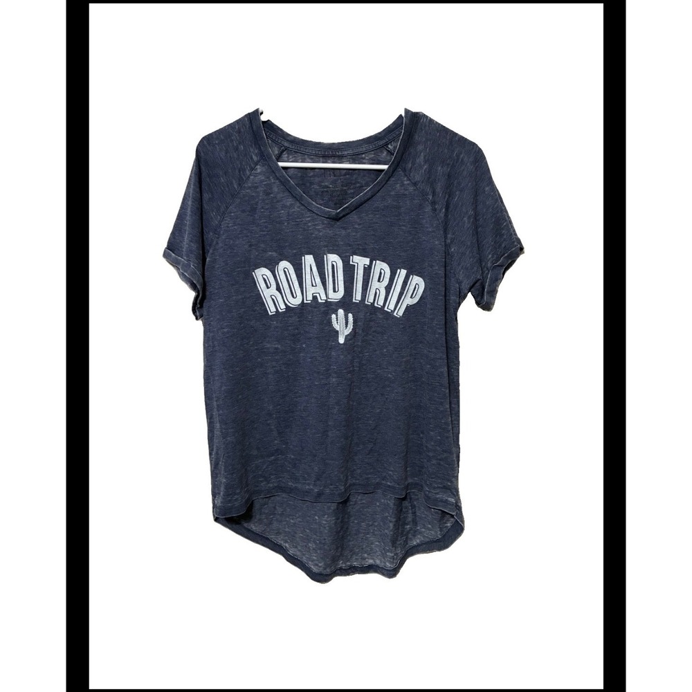 Freeae Road Trip Cactus Graphic T-Shirt Navy Blue Burnout V-Neck High Low Large